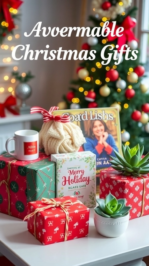 Affordable Christmas Gift Ideas Under $30 A collection of affordable Christmas gifts including a mug, blanket, board game, and plant, set against a festive backdrop.